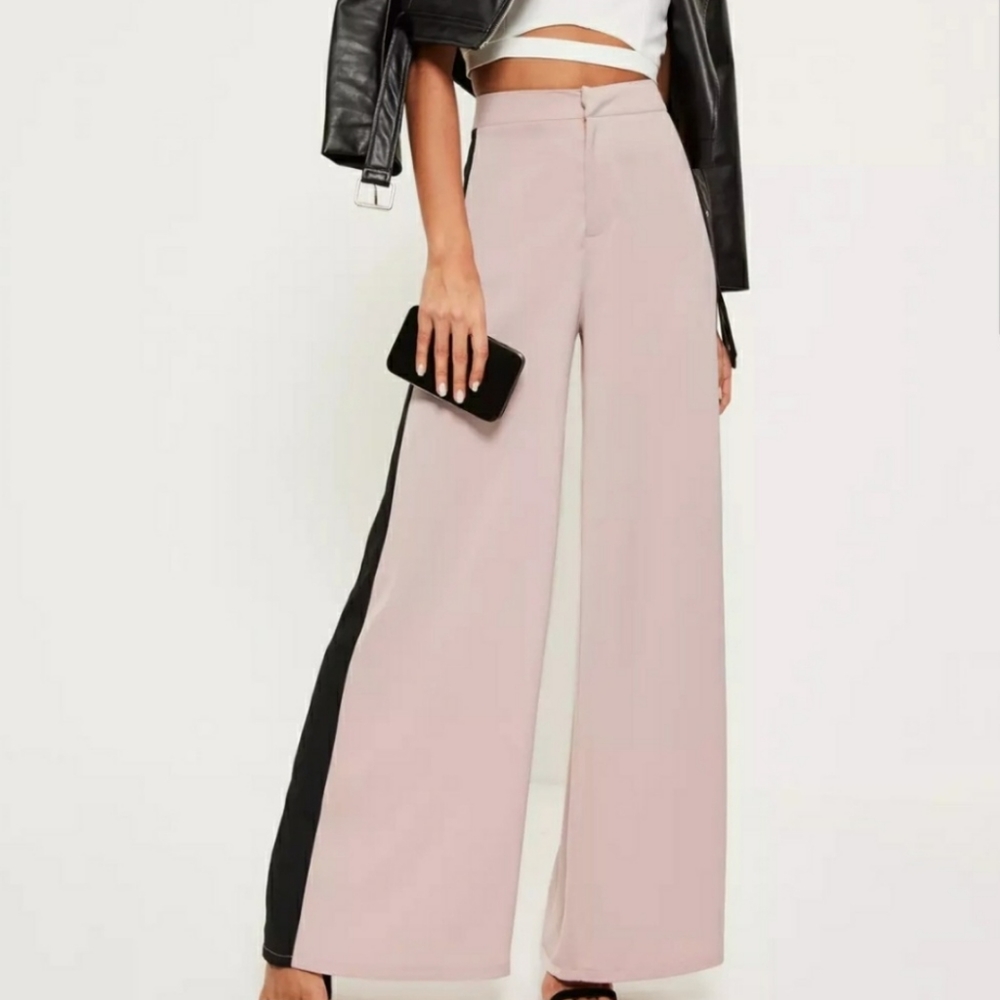 ASOS Beautiful Soft Pink Satin Tuxedo Wide Leg Pants w/ Black Side Trim Size 2 - Picture 2 of 7